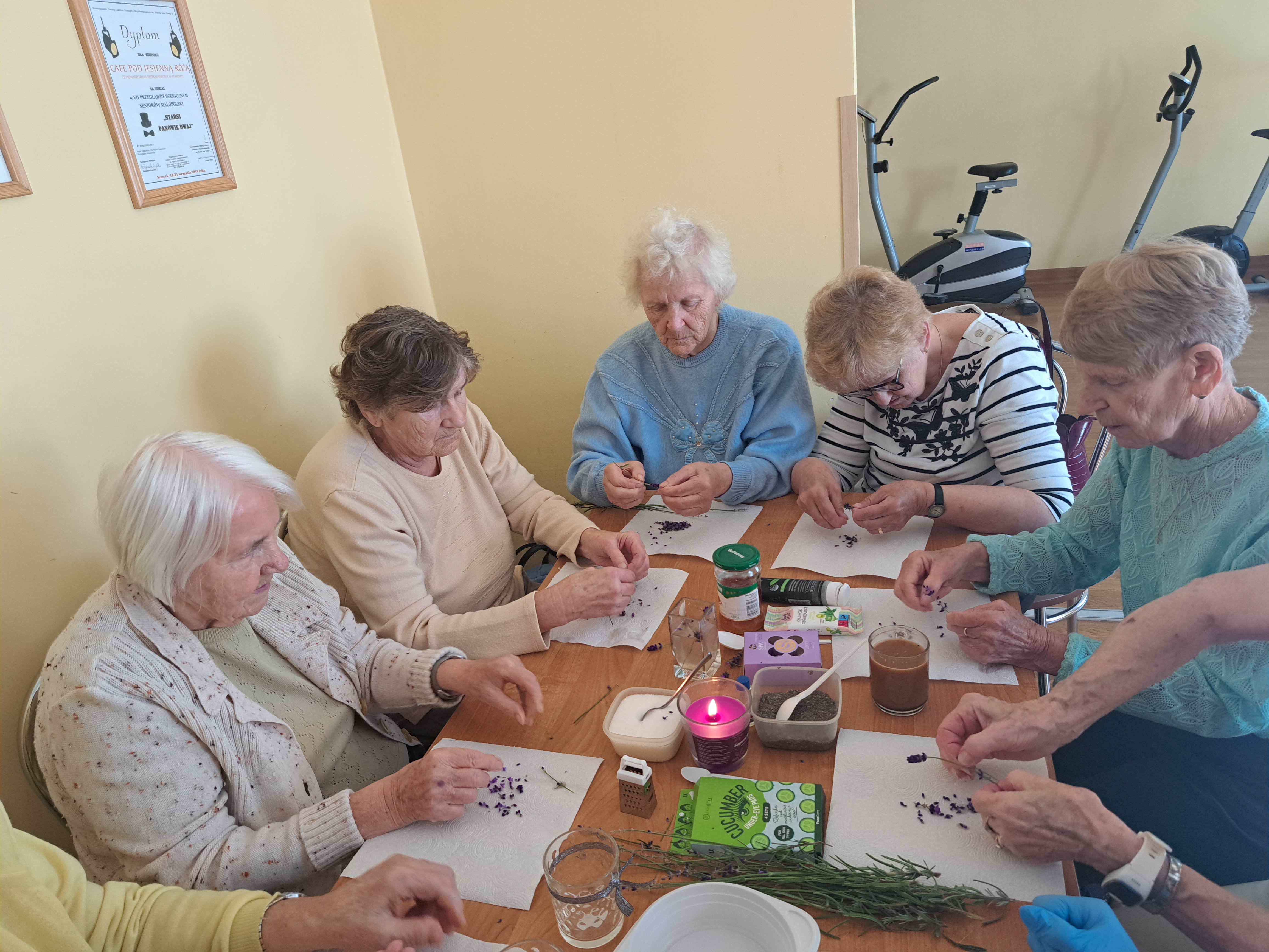 Seniorki siedzą przy stole, rozdrabniają kwiatki, które wykorzystają przy tworzeniu świeczek